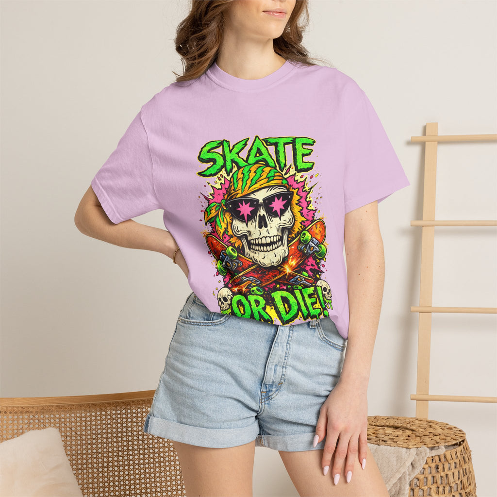 Unisex Skull Skateboard 'Skate or Die' graphic T-Shirt | Neon Punk Skateboarding Tee