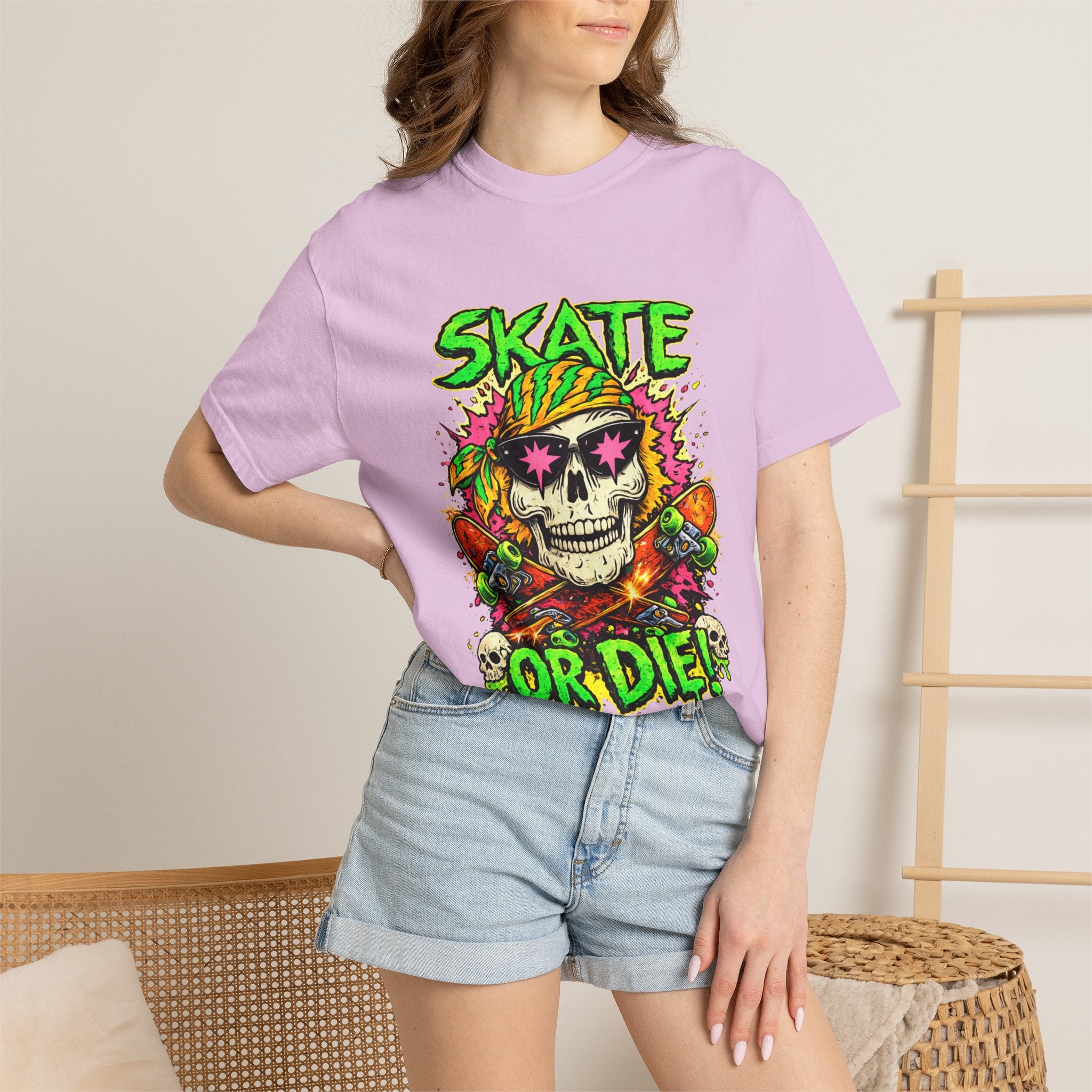 Unisex Skull Skateboard 'Skate or Die' graphic T-Shirt | Neon Punk Skateboarding Tee