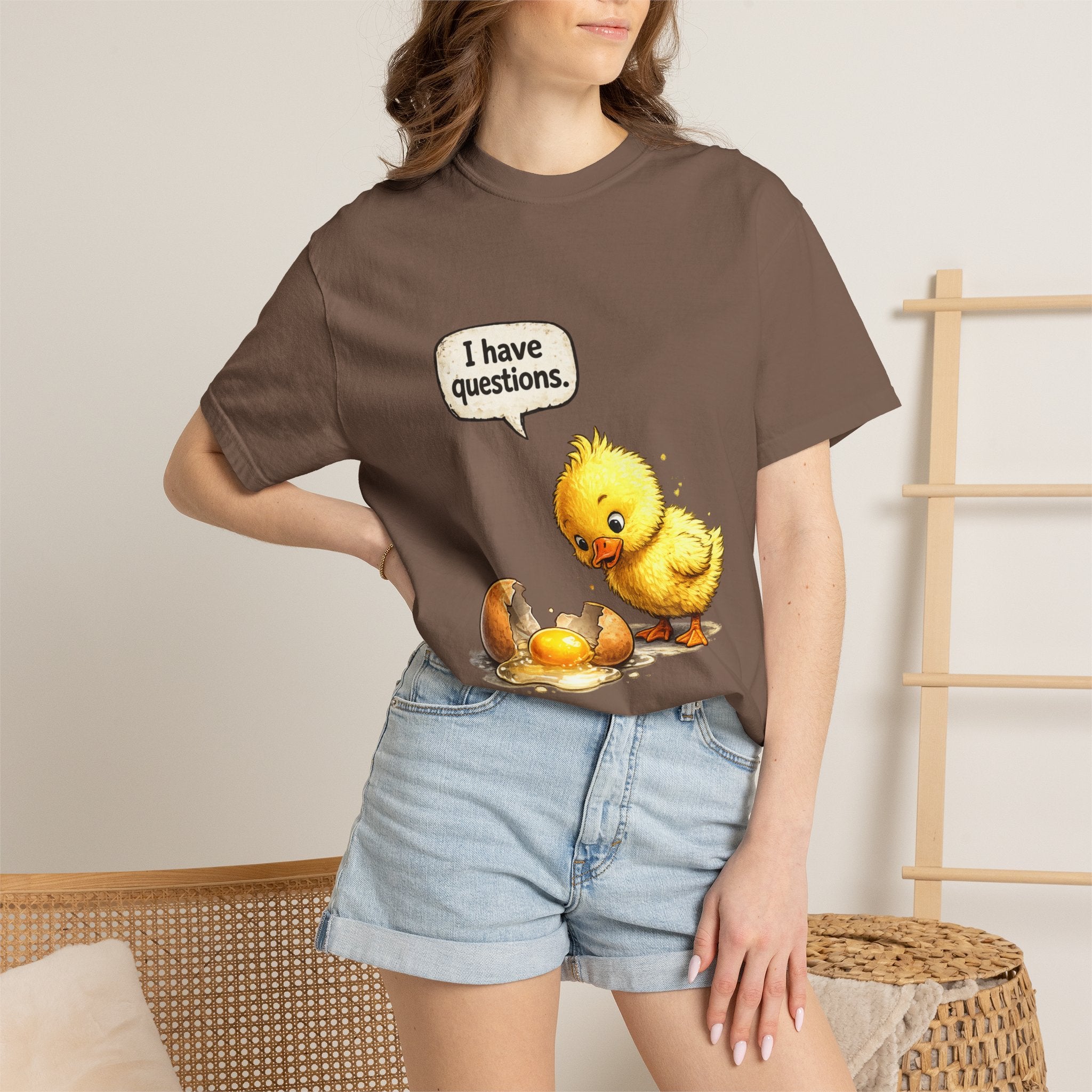 Unisex Curious Chick 'I Have Questions' T-shirt | Cute Baby Chick Illustration