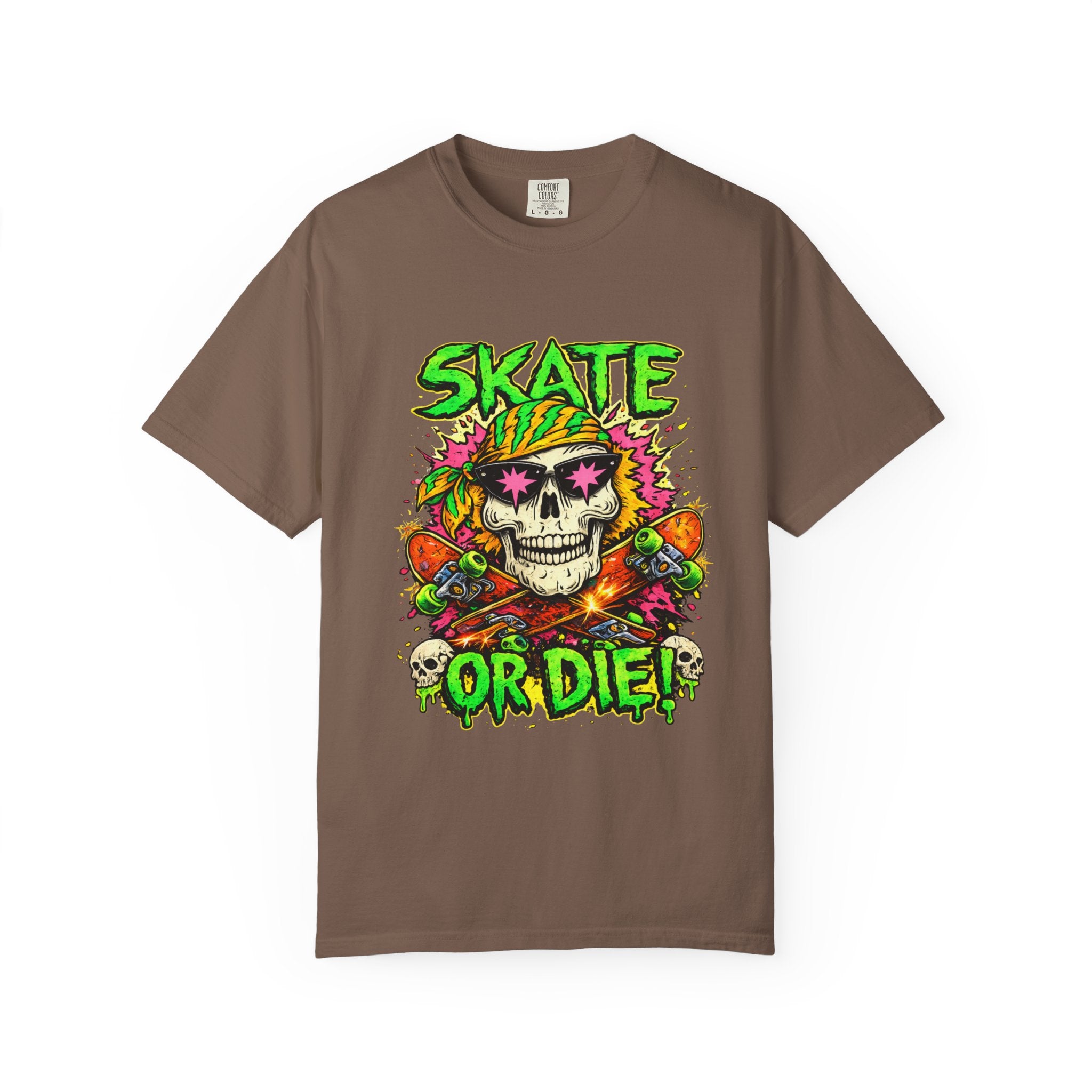 Unisex Skull Skateboard 'Skate or Die' graphic T-Shirt | Neon Punk Skateboarding Tee
