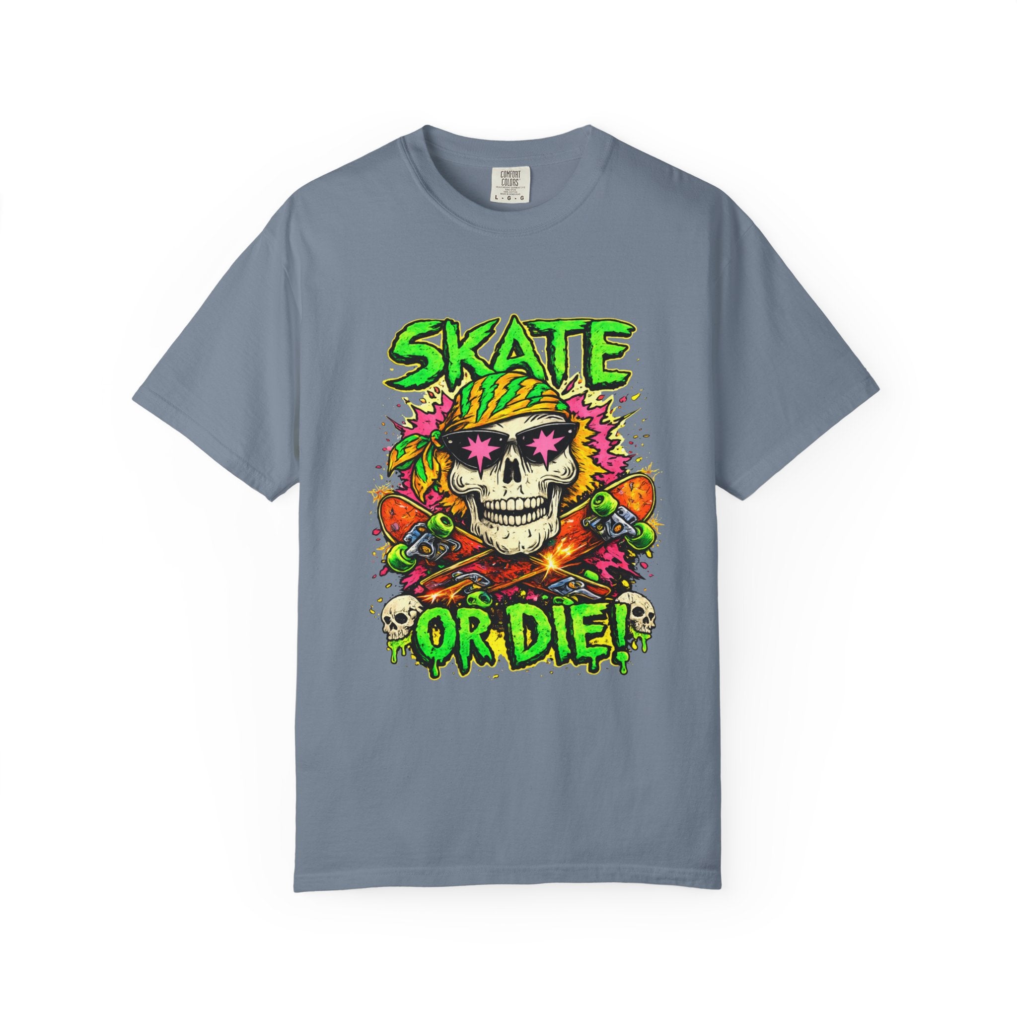 Unisex Skull Skateboard 'Skate or Die' graphic T-Shirt | Neon Punk Skateboarding Tee