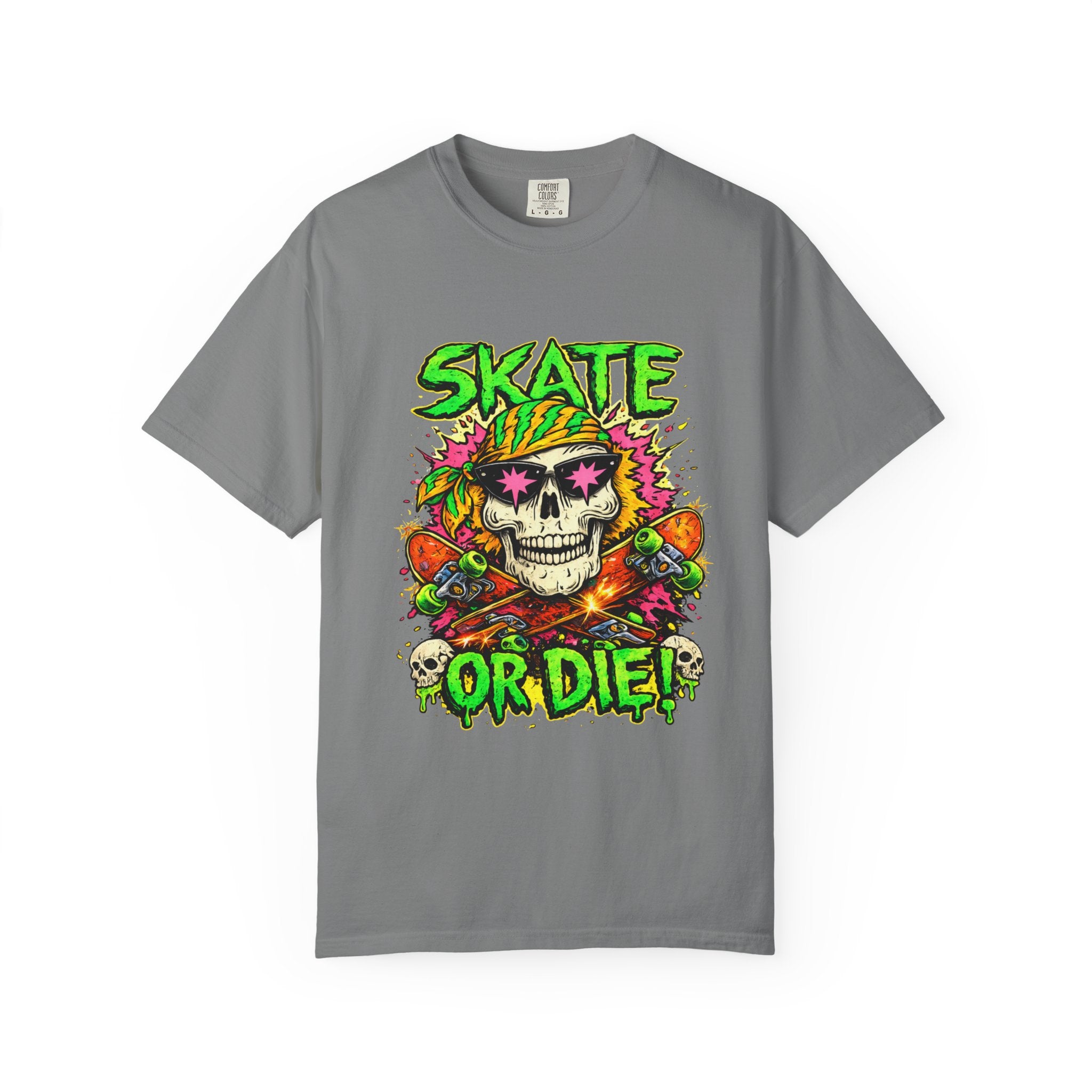 Unisex Skull Skateboard 'Skate or Die' graphic T-Shirt | Neon Punk Skateboarding Tee