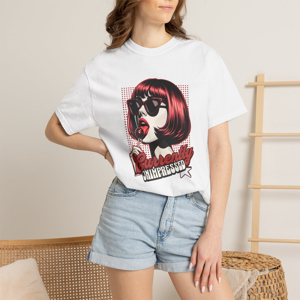 Unisex Retro Pop Art Woman Licking Ice Cream T-shirt | 'Currently Unimpressed' Graphic