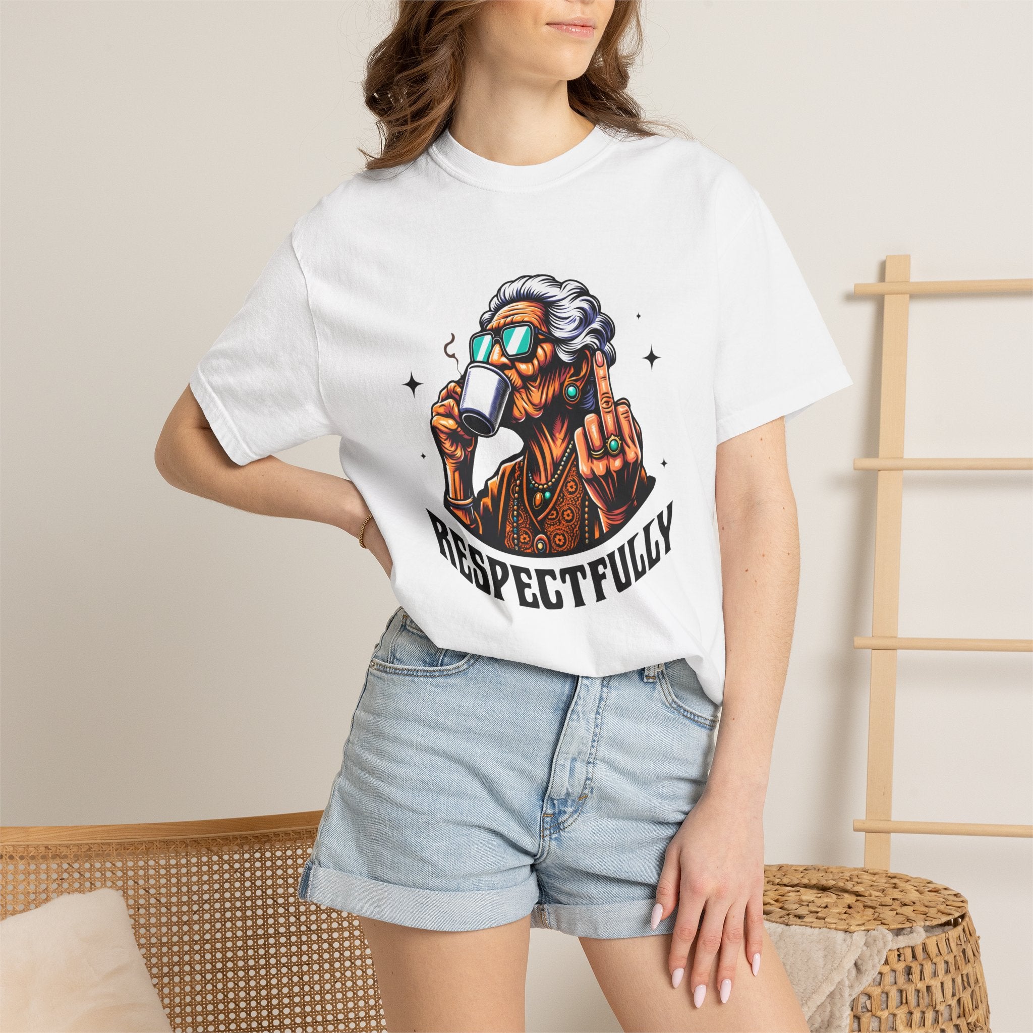 Unisex Elderly Funny Cool Grandma Sipping Coffee Respectfully T-shirt | Retro Hip Senior Mug Graphic