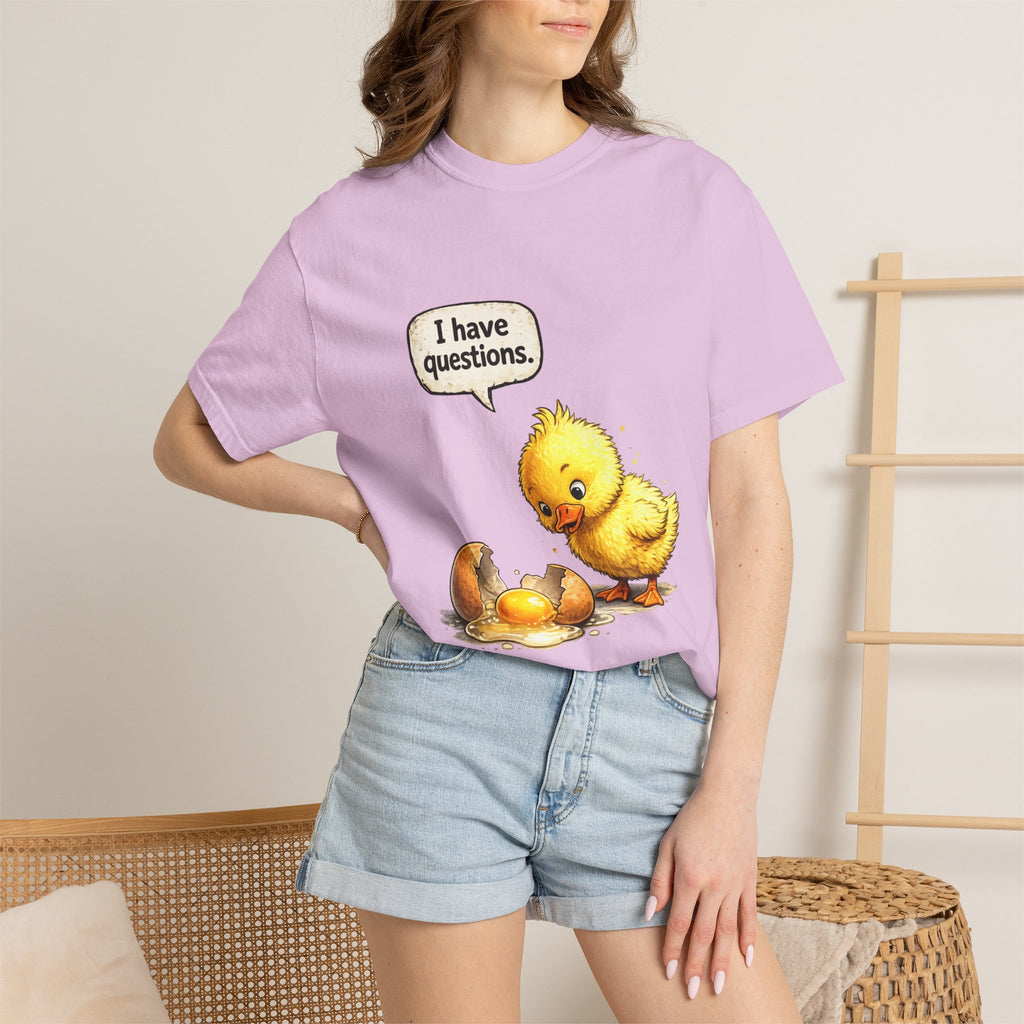 Unisex Curious Chick 'I Have Questions' T-shirt | Cute Baby Chick Illustration