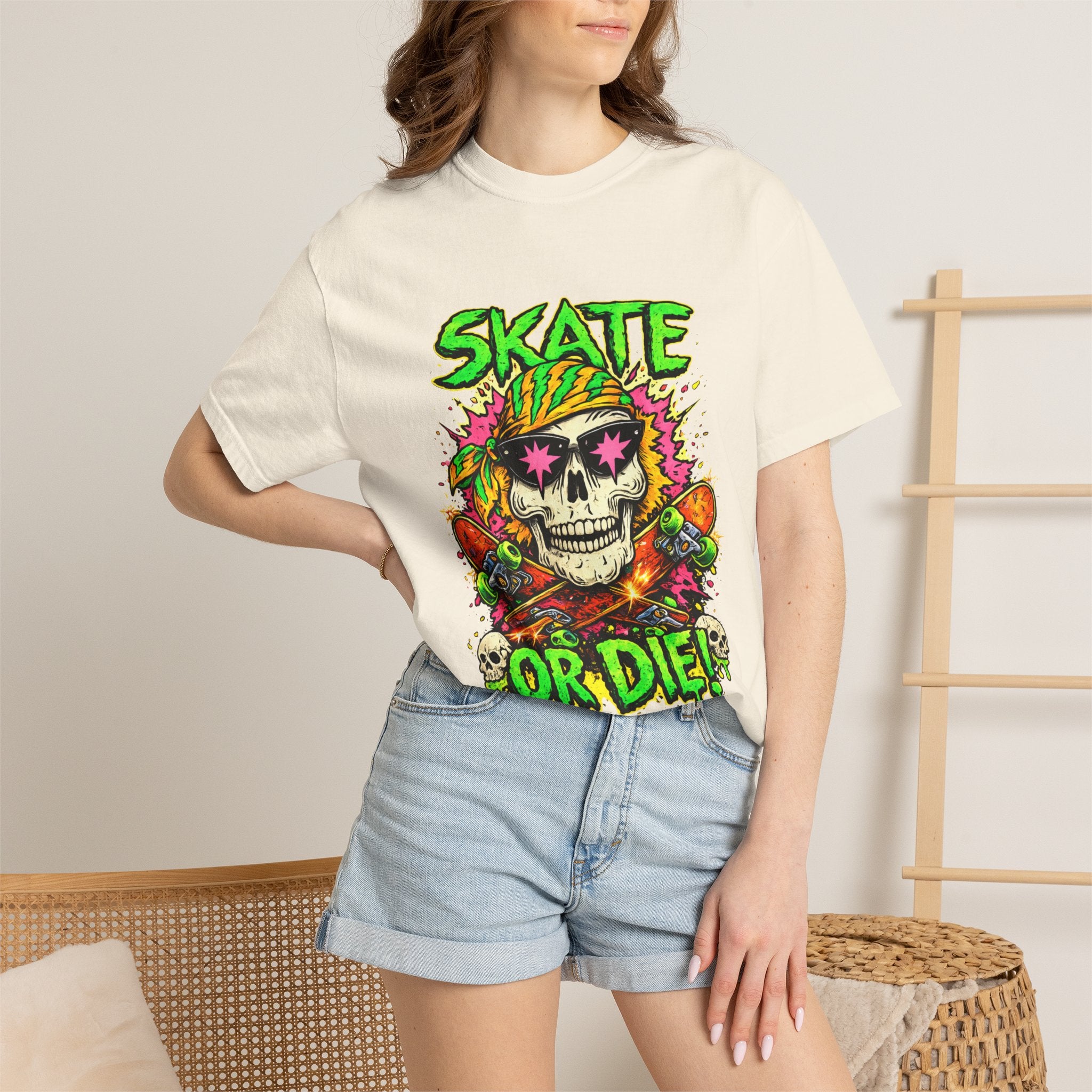 Unisex Skull Skateboard 'Skate or Die' graphic T-Shirt | Neon Punk Skateboarding Tee